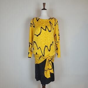 VTG Lillie Rubin Dress 4 Yellow Black Silk Drop Waist Blouson Zigzag Print 80s